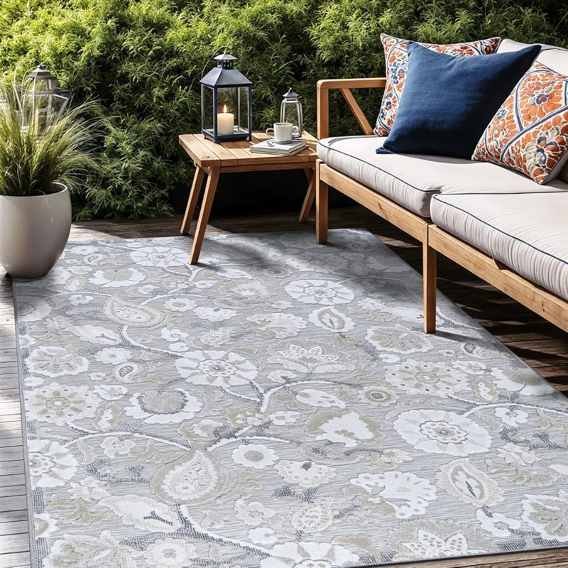 Indoor Outdoor Area Rug: Tonal Floral Scroll, Washable, Beige.
