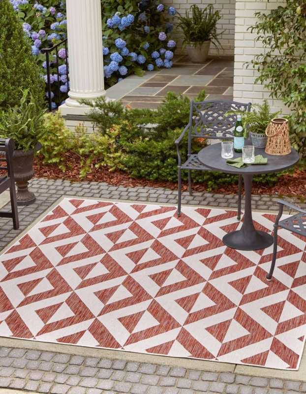 Indoor Outdoor Area Rug Weathered Tribal Pattern Rust Red Bohemian