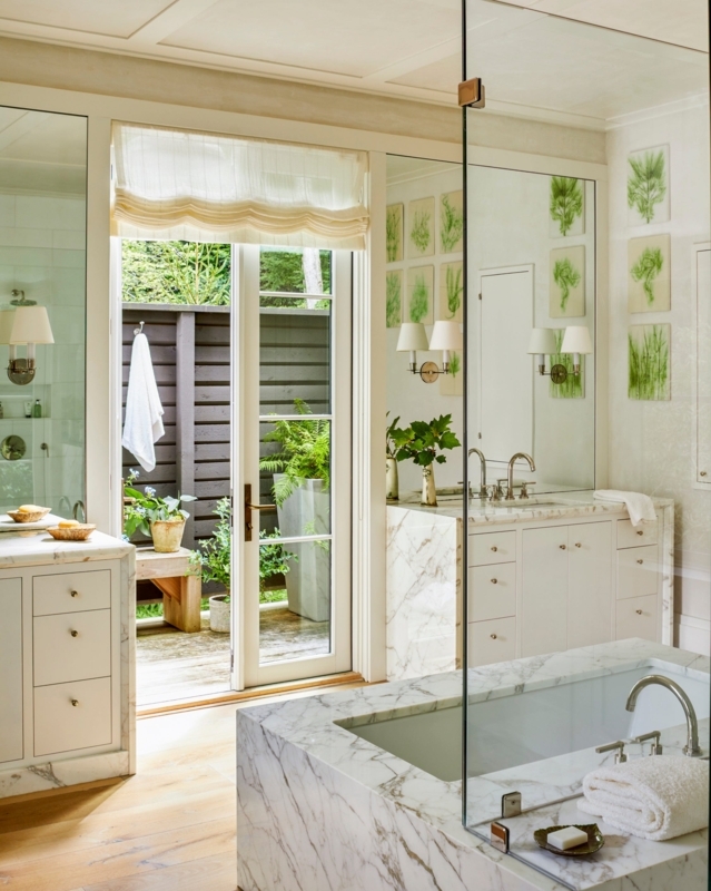 Indoor Outdoor Bathroom Design Ideas with Marble Tub Surround