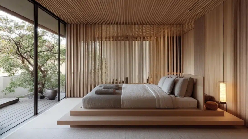 Indoor Outdoor Layout in Japandi Bedroom with Slatted Walls