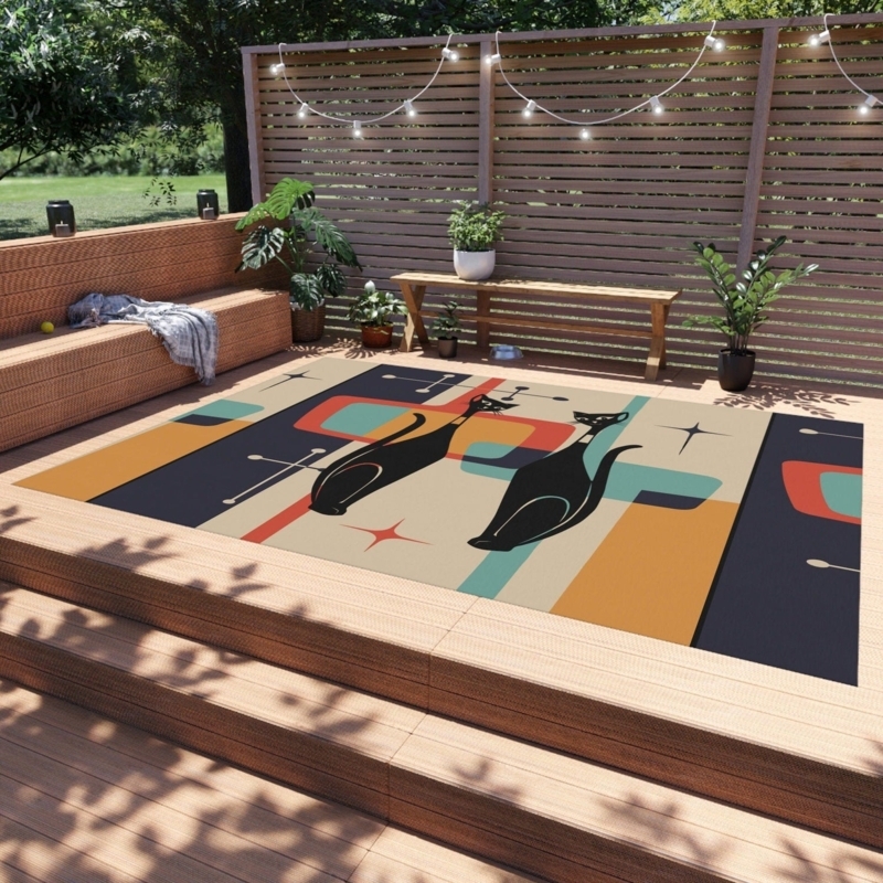 Indoor Outdoor Rug Atomic Starburst Pattern Mid Century Modern