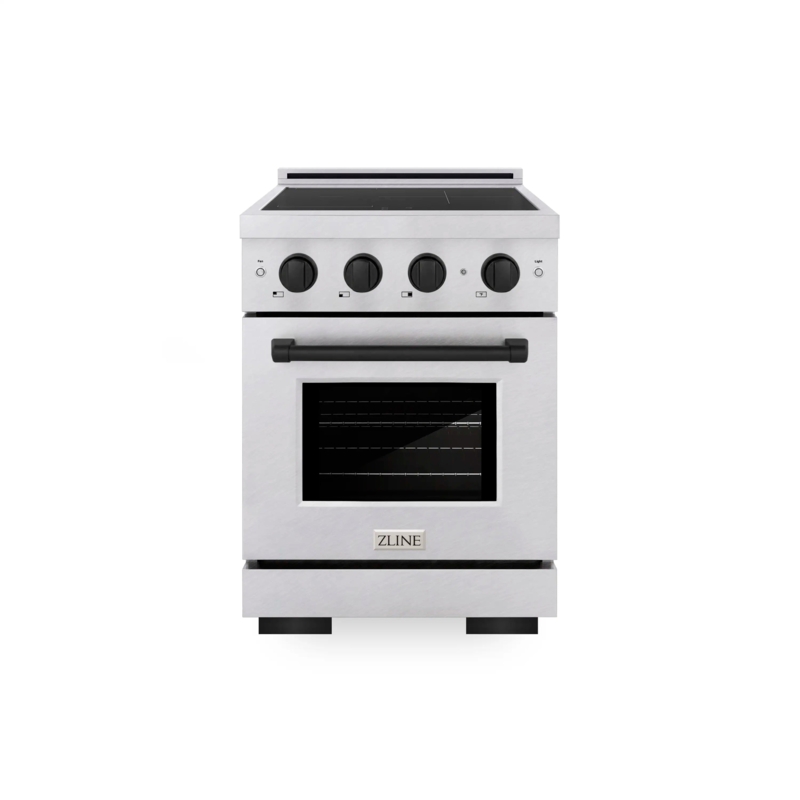 Induction Range Brushed Metal Finish with Front Knobs, Industrial Style