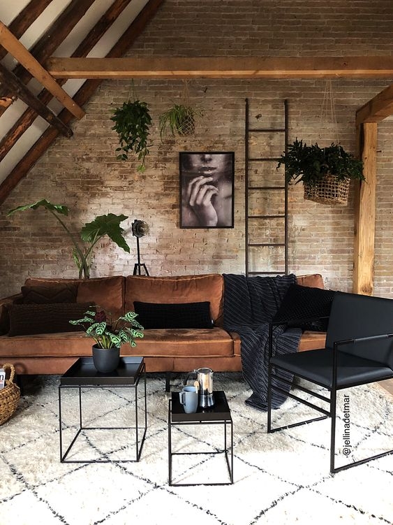 Industrial Attic Living Room: Tan Velvet Sofa, Shaggy Grid Area Rug