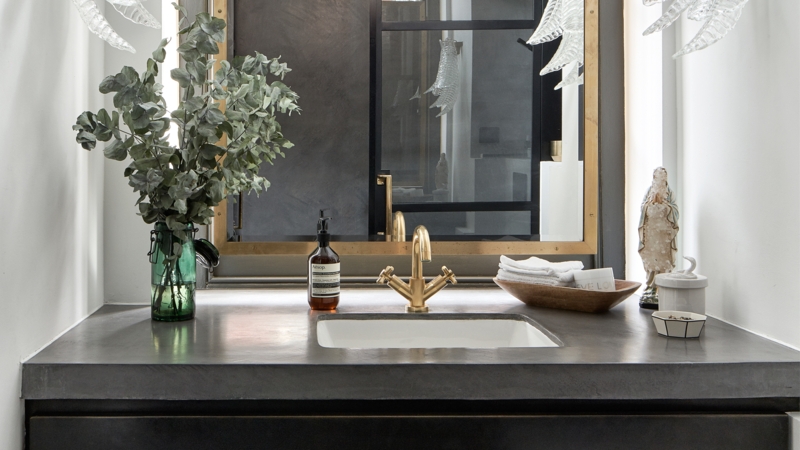 Industrial Bathroom Vanity with Gold Bridge Faucet Styling