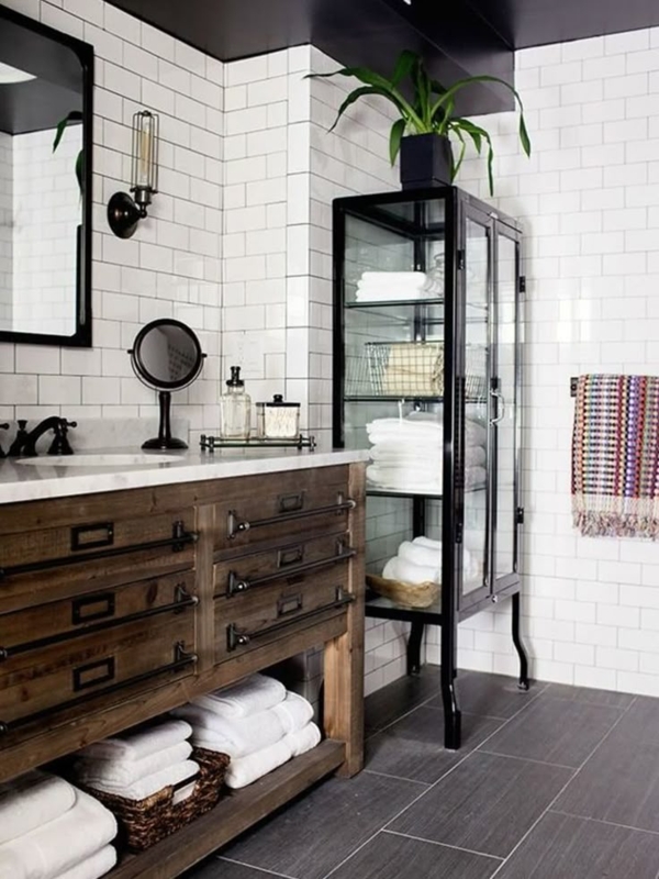 Industrial Bathroom Vanity with Rustic Wood and Black Metal Cabinet