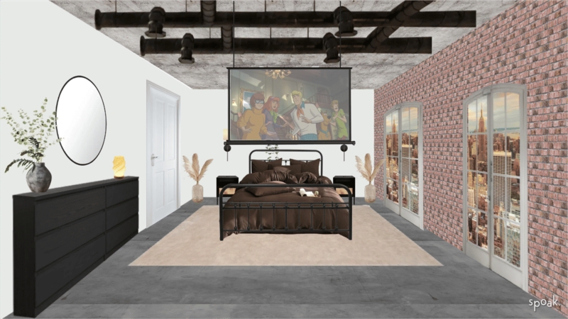Industrial Bed with Projector Screen and Exposed Brick Wall Design