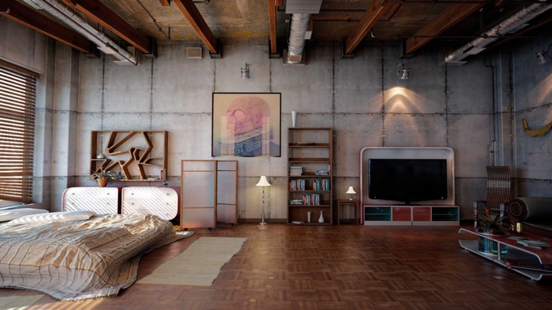 Industrial Bedroom with Concrete Wall Panels and Exposed Beams