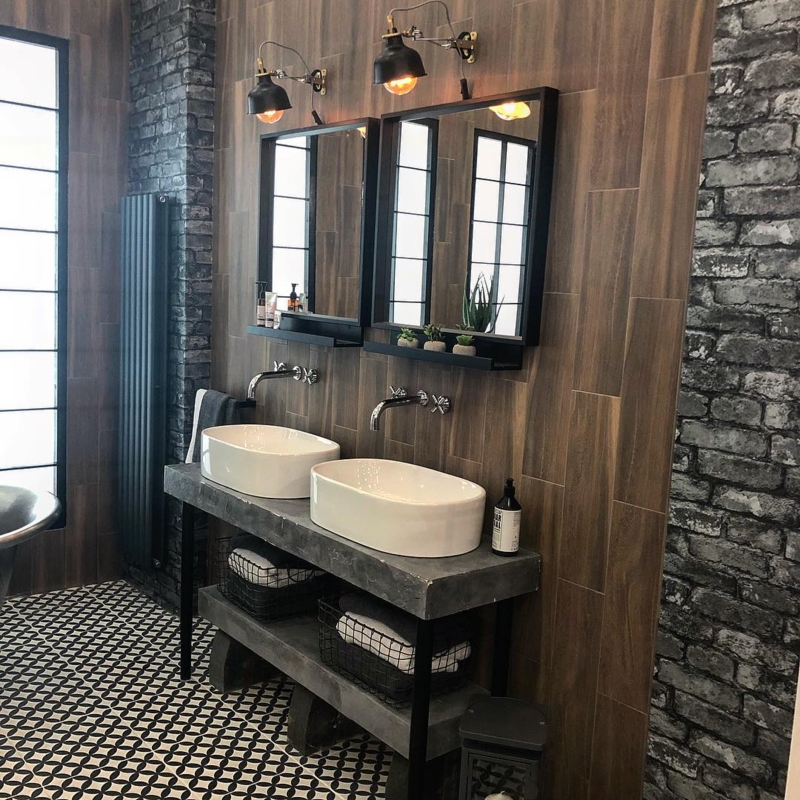 Industrial Chic Bathroom Design with Concrete Vanity and Wood Tile