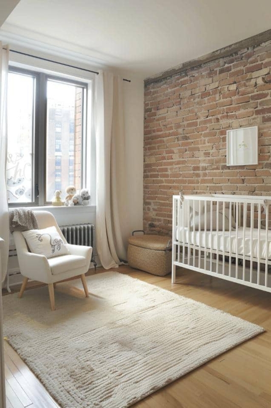 Industrial Chic Nursery: Exposed Brick Accent Wall with White Crib