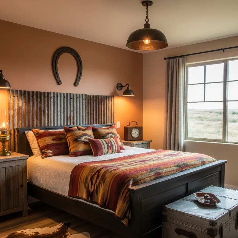 Industrial Farmhouse Bedroom: Corrugated Metal Headboard and Terracotta Walls