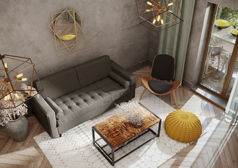Industrial Gray Living Room with Yellow Knitted Pouf and Textured Walls