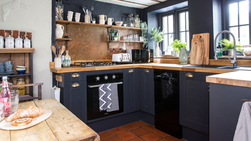 Industrial Kitchen Copper Backsplash: Dark Navy Cabinetry