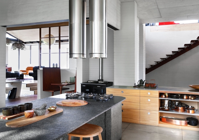 Industrial Kitchen Island Design: Dual Cylindrical Range Hoods