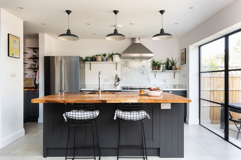 Industrial Kitchen Island Design with Butcher Block Top