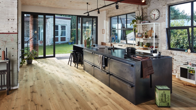 Industrial Kitchen with Charcoal Island, Wide Plank Oak Flooring