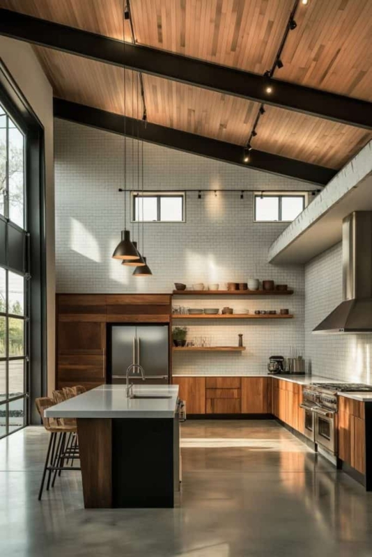 Industrial Kitchen Wood Ceiling: Vaulted with Exposed Steel Beams