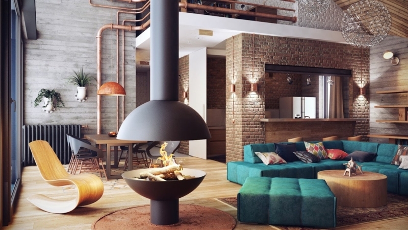 Industrial Living Room: Hanging Fireplace, Exposed Copper Pipe Decor