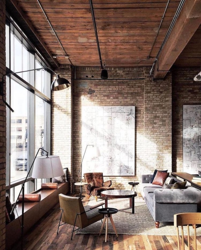 Industrial Loft with Wood Slat Ceiling and Gray Velvet Sofa Styling