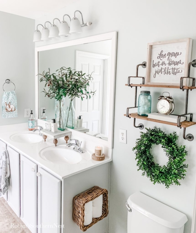 Industrial Pipe Shelving for Modern Farmhouse Bathroom Makeover