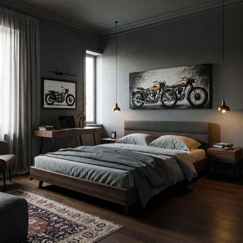 Industrial Platform Bed with Copper Pendant Lighting and Dark Walls