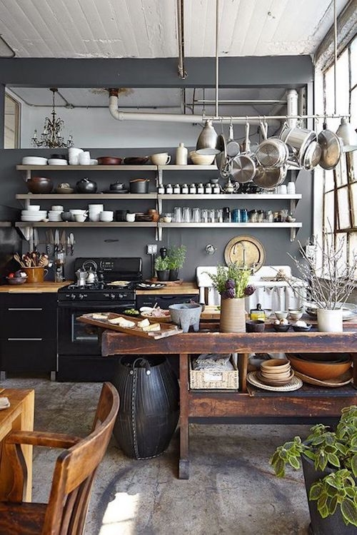Industrial Rustic Kitchen with Charcoal Walls and Hanging Pot Rack