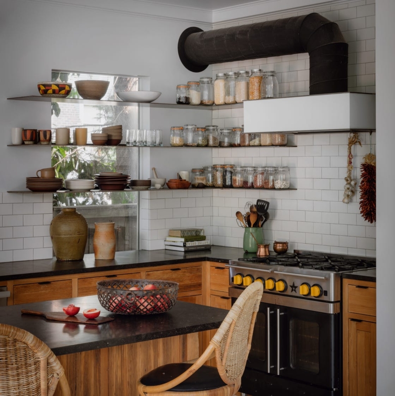 Industrial Style Kitchen Shelving with Exposed Black Ductwork