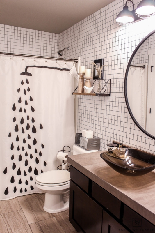 Industrial Vanity Lighting with Cages & Grid Pattern Wall