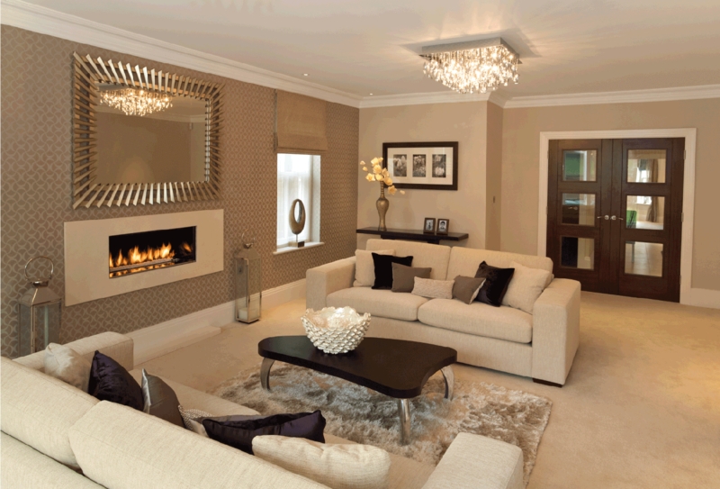 Inset Fireplace and Slatted Mirror Frame in Modern Living Room