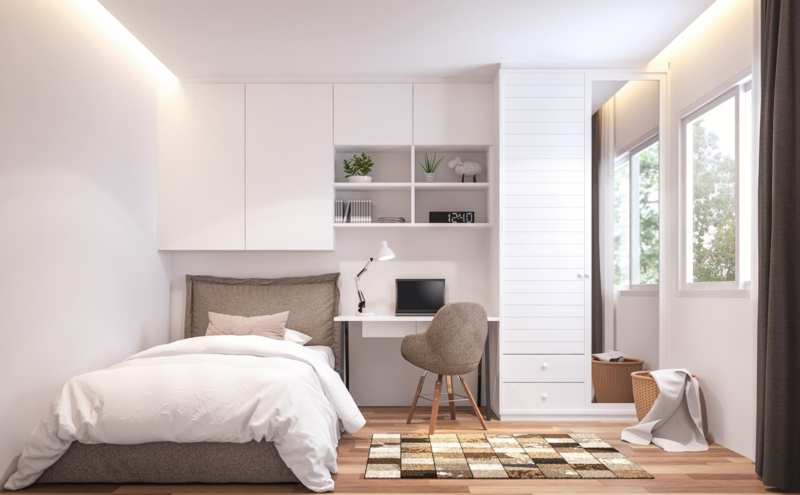 Integrated Desk and Wardrobe Unit for Small Bedroom Built-in Storage.