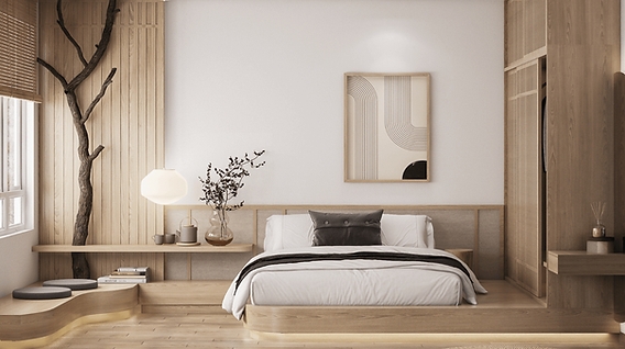 Integrated Floating Nightstand Shelf in Japandi Bedroom