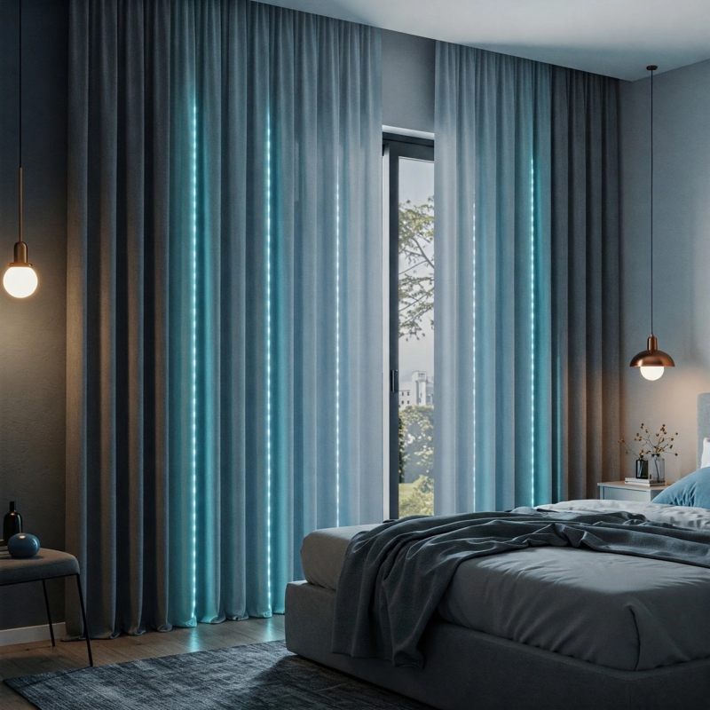 Integrated LED Curtains with Cyan Glow Futuristic Bedroom Lighting