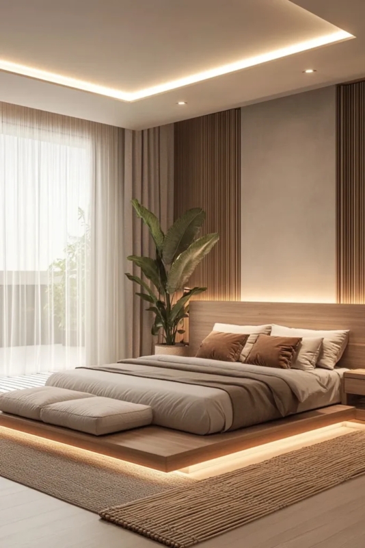 Integrated LED Under-Bed Glow on Low Platform Bed