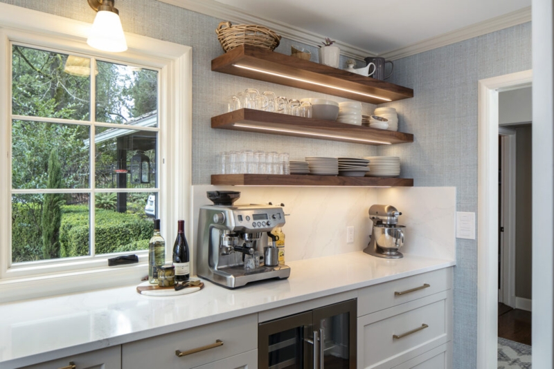 Integrated Lighting Floating Shelves in Butler Pantry