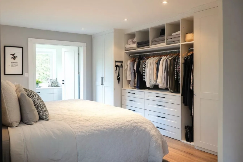 Integrated Open Closet System with White Shaker Style Cabinetry