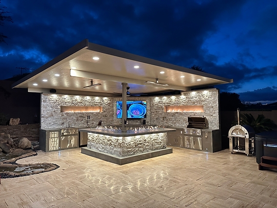 Integrated Stone Wall Fireplaces in Modern Luxury Outdoor Kitchen