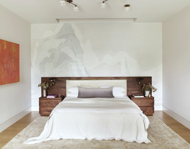 Integrated Wood Headboard Platform Bed with Abstract Mountain Mural