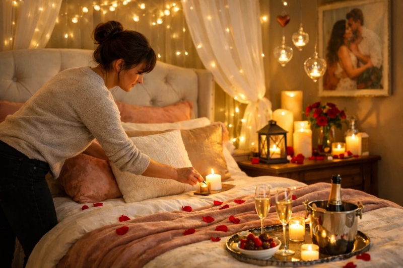 Intimate Bedroom Decor with Fairy Light Wall and Sheer Canopy Drapes