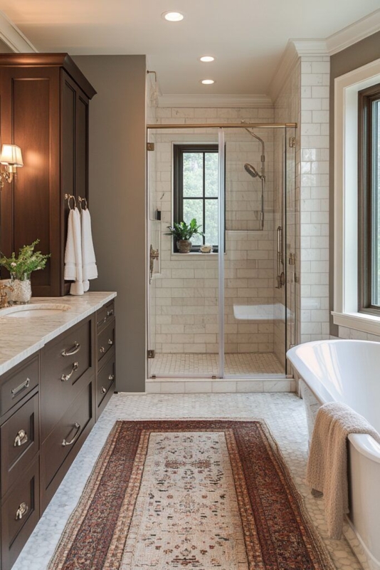 Inviting Master Bath Layout: Dark Wood Vanity & Patterned Runner