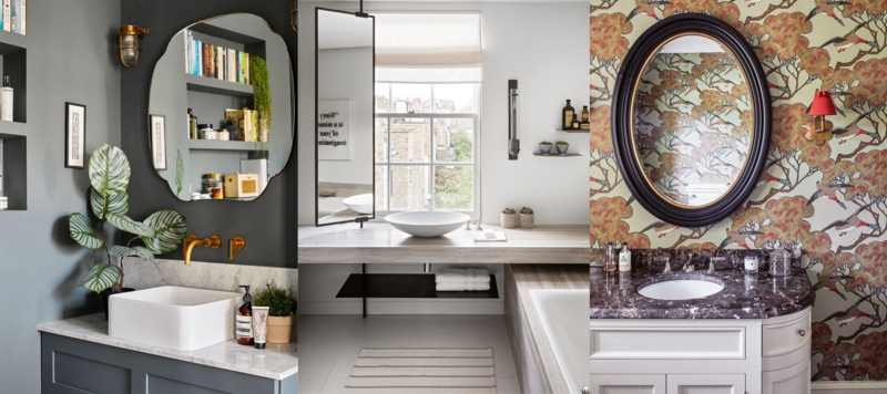 Irregular Bathroom Mirror Design, Eclectic Wallpaper Vessel Sink