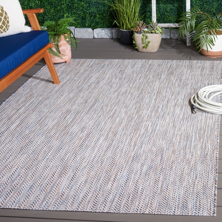 Ivory and Navy Chevron Indoor Outdoor Area Rug Flatweave.