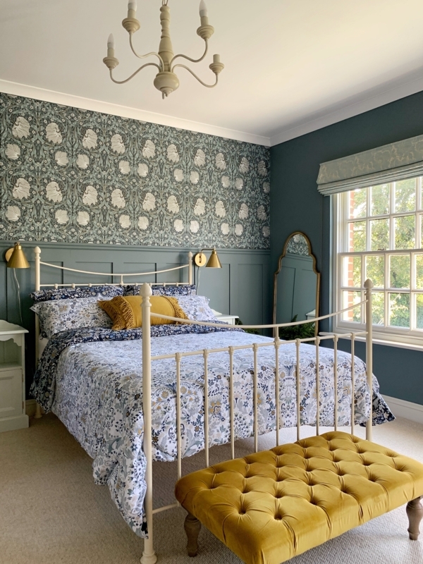 Ivory Metal Spindle Bed Frame with Botanical Wallpaper & Mustard Accent