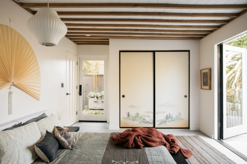 Japandi Bedroom Wood Beam Ceiling and Mural Sliding Doors