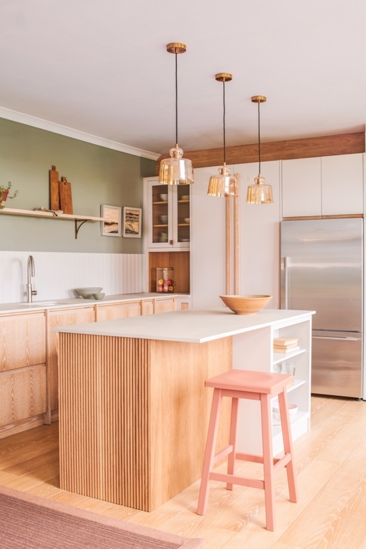 Japandi Kitchen Design: Ribbed Wood Island & Amber Glass Pendants
