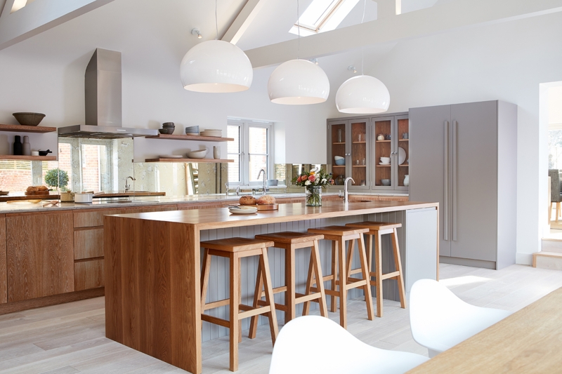 Japandi Kitchen Island Design with Waterfall Wood and Dome Pendants
