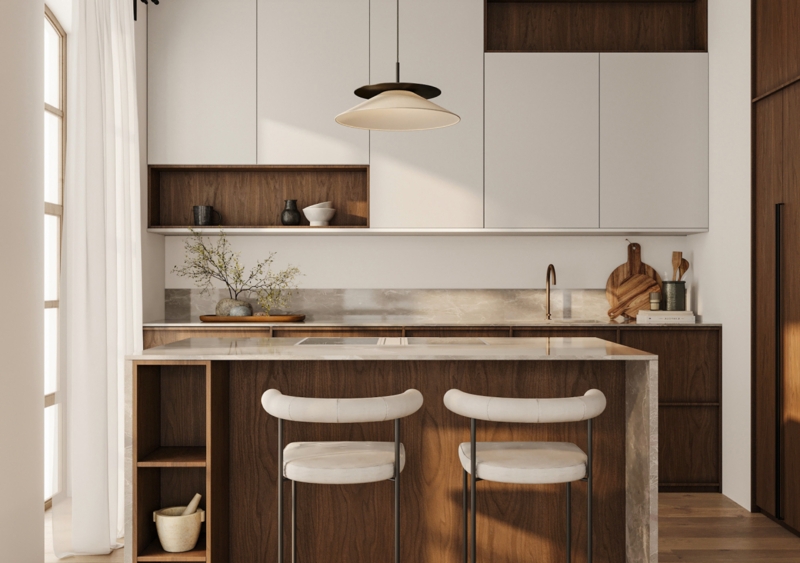 Japandi Kitchen with Stone Island and Tubular Backrest Stools