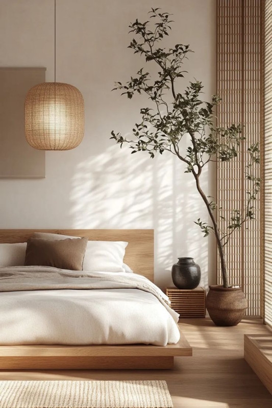 Japandi Platform Bed Design with Indoor Tree Decor