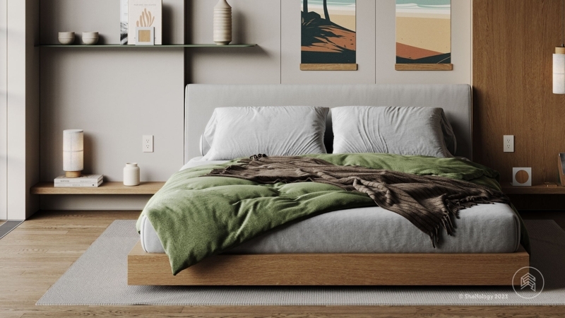Japandi Platform Bed with Integrated Floating Shelf Nightstands