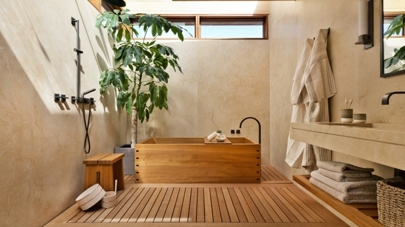Japandi Spa Bathroom Design with Wooden Soaking Tub