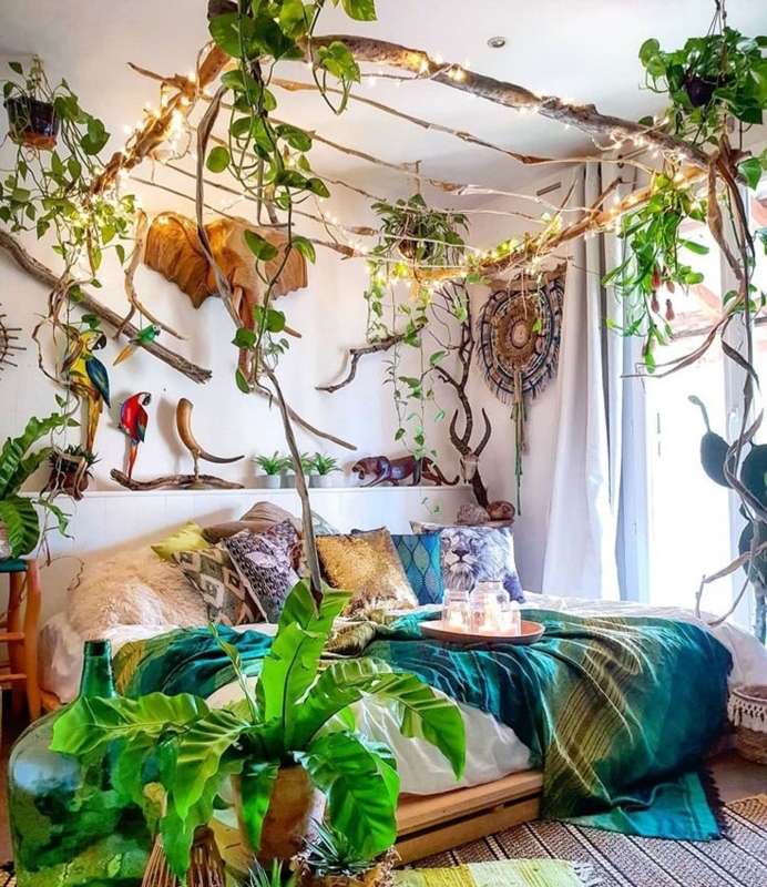 Jungalow Bed with Natural Branch Canopy and Plants