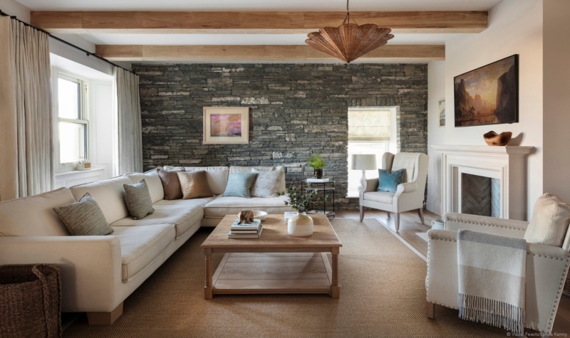 Jute Style Area Rug and Stacked Stone Accent Wall Design Ideas.